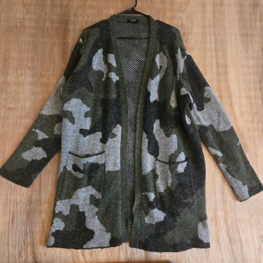 Modern Canvas Camo Open Front Cardigan Sweater Olive Green Grey XL